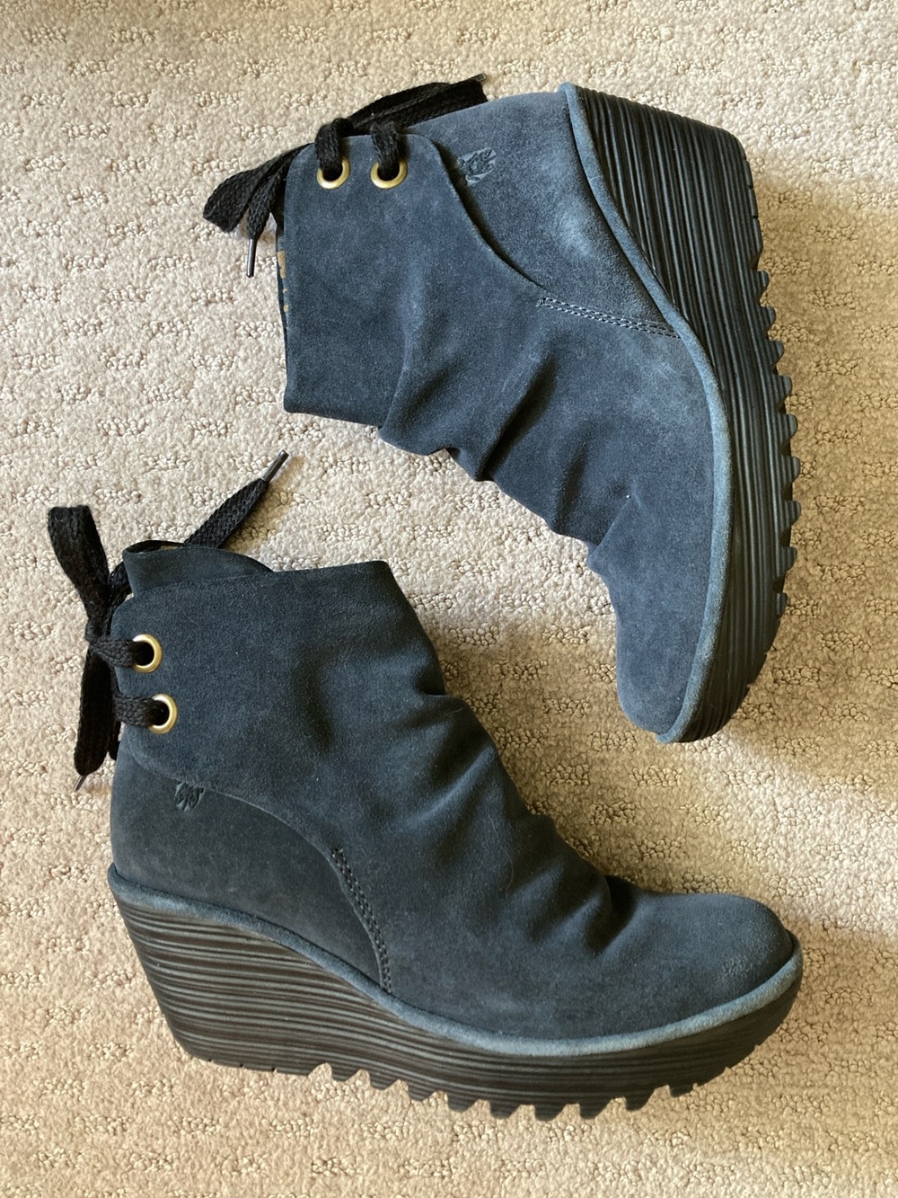 Fly London blue suede Yama wedge booties, Sz 39